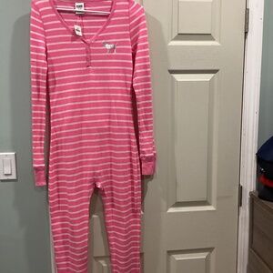 Victoria’s Secret VS Pink Striped Pink White Thermal Long Jane Onesie